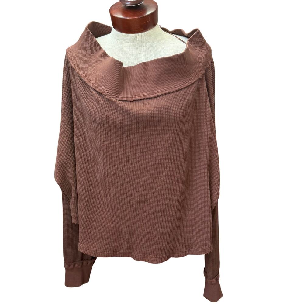 We The Free Brown Thermal Hazy Heart Waffle Knit Top Relaxed Casual Off Shoulder